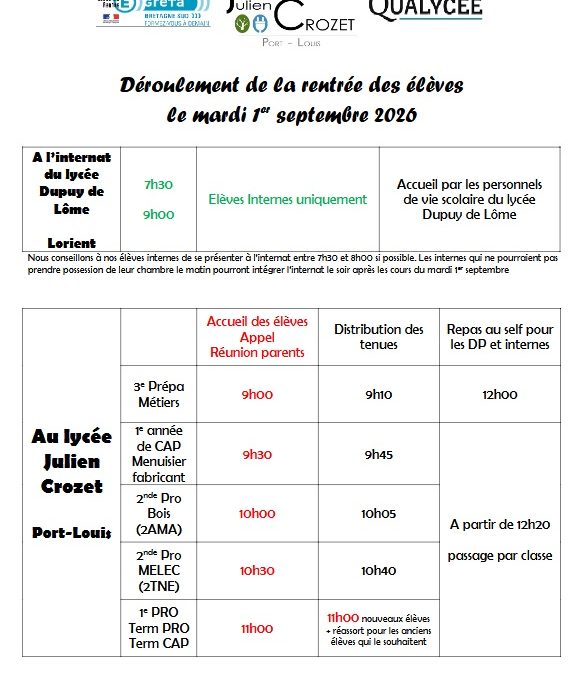 Programme de la rentrée scolaire 2026 des élèves