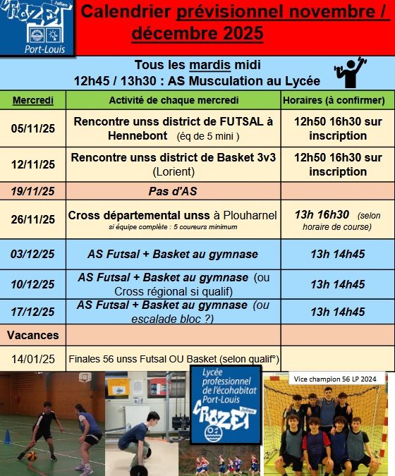 Calendrier AS Novembre / décembre 2025